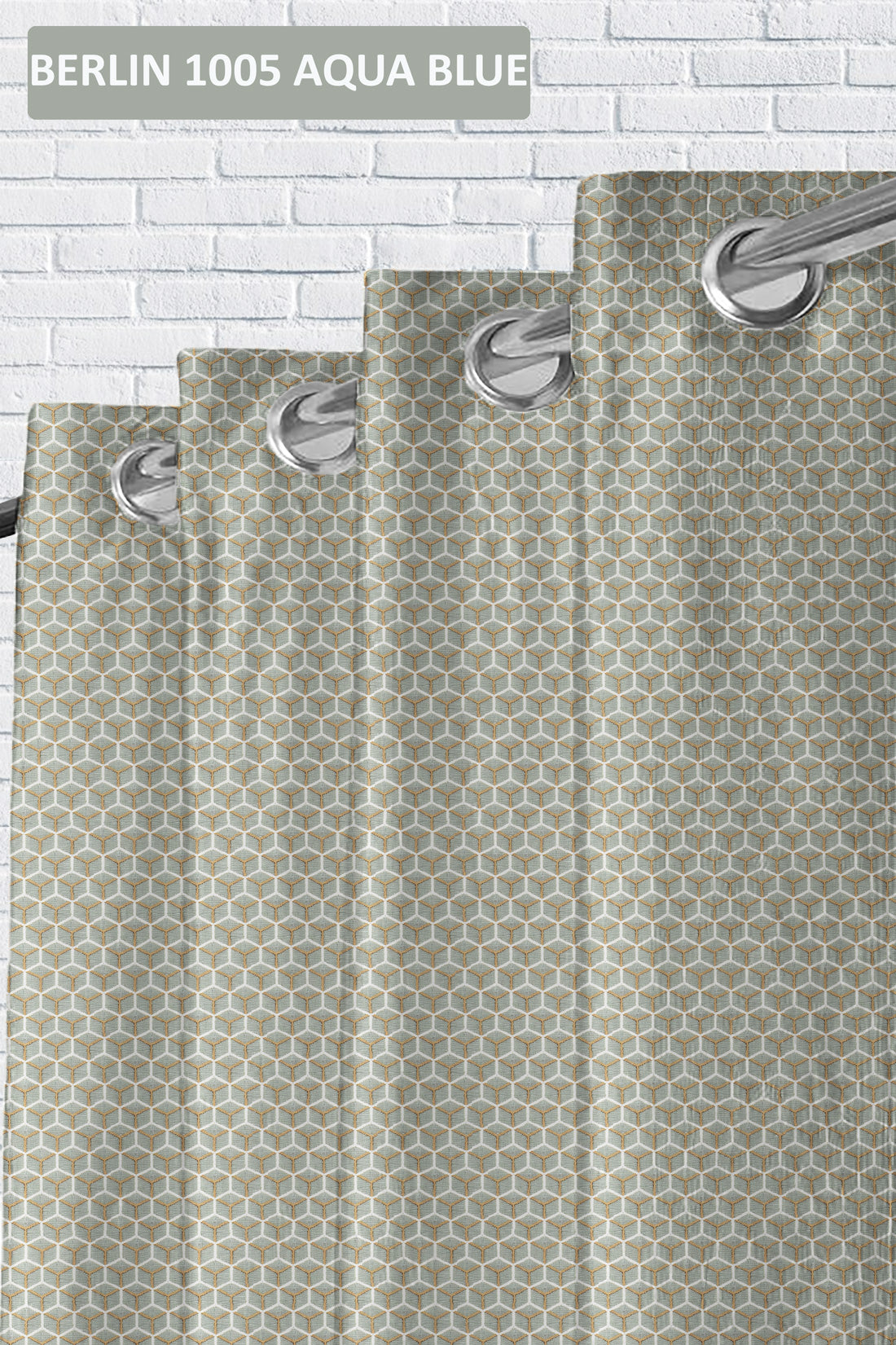 Patterned shower curtain with metal rings on a white brick wall background