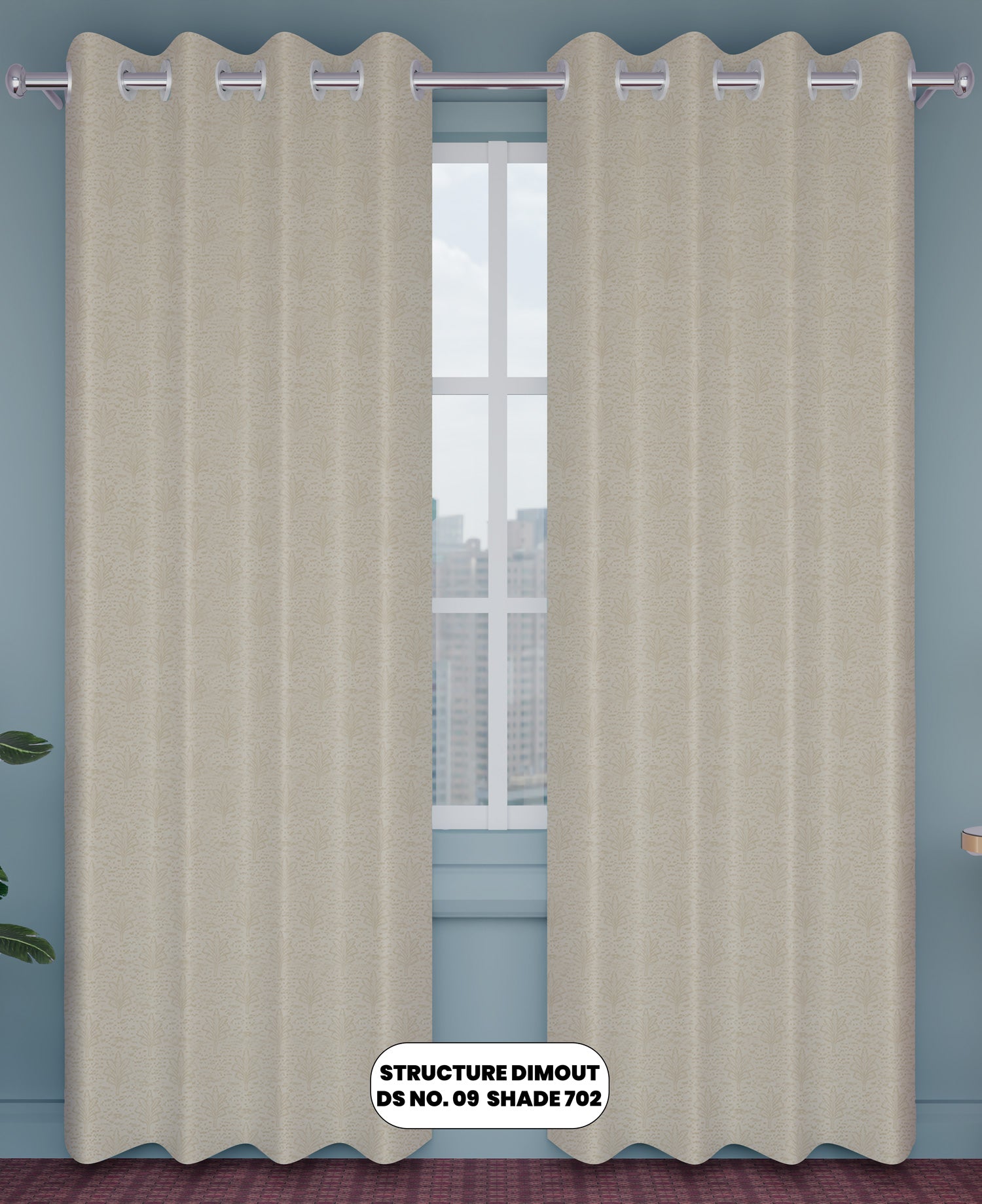 Beige curtains with grommets on a window against a blue wall.
