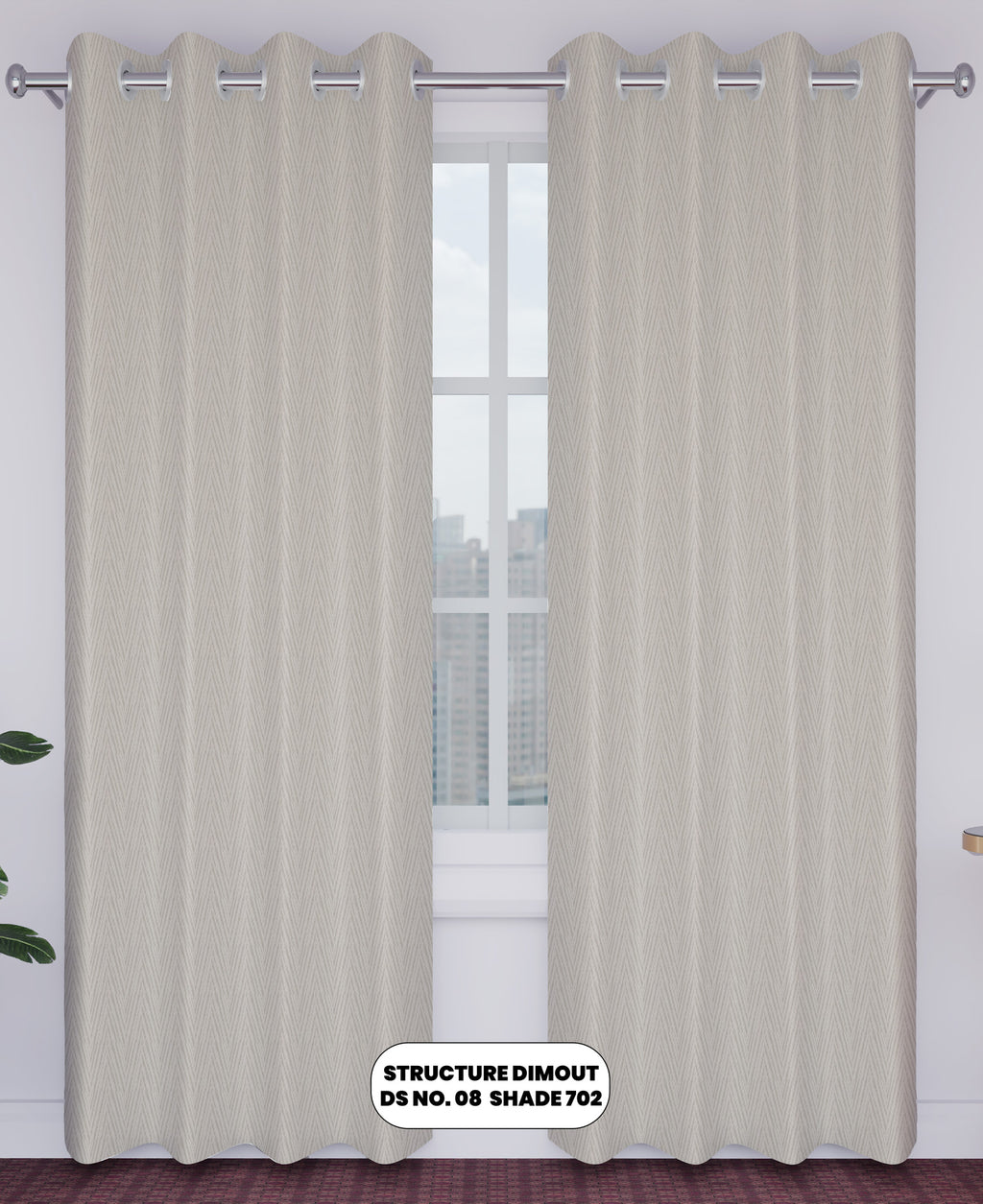 Beige curtains with a striped pattern on a window with a white wall background.
