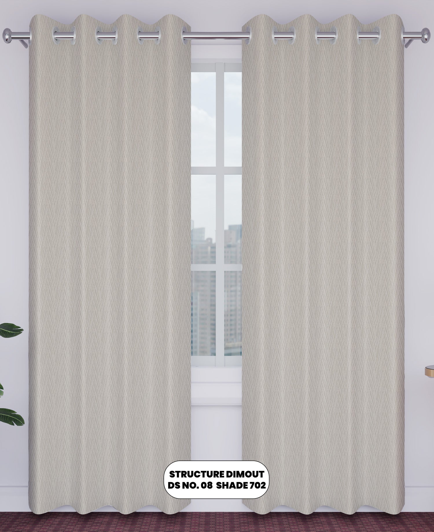 Beige curtains with a striped pattern on a window with a white wall background.