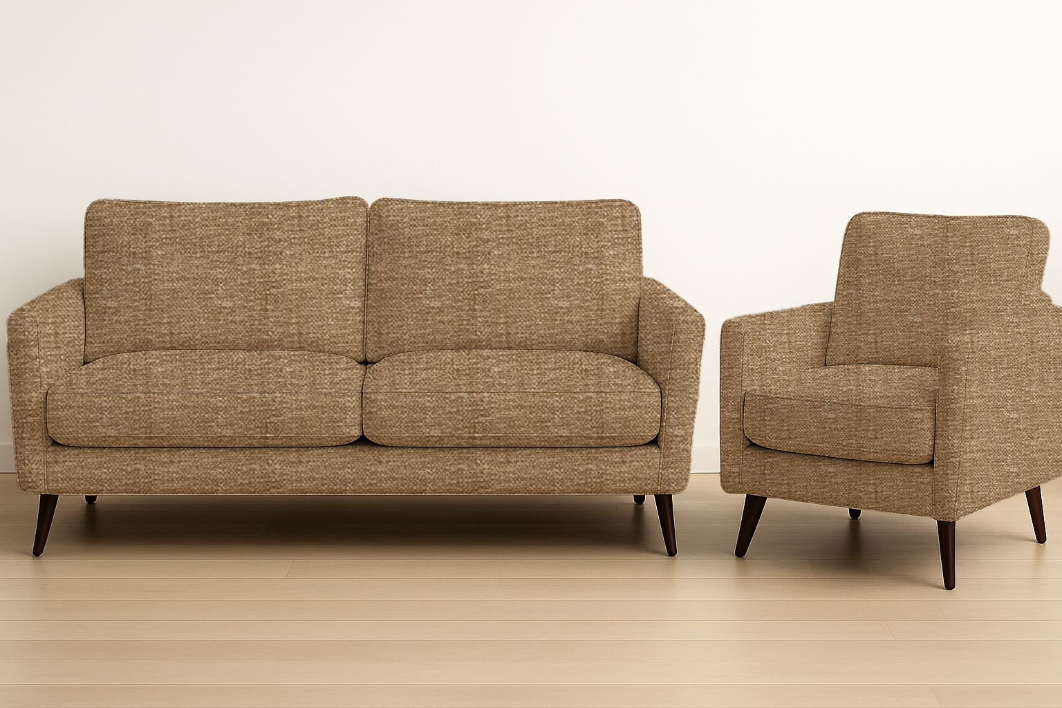 Brown sofa and armchair set on a light wooden floor with a white background