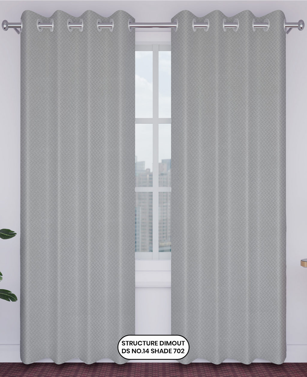 Gray curtains with a textured pattern in front of a window.