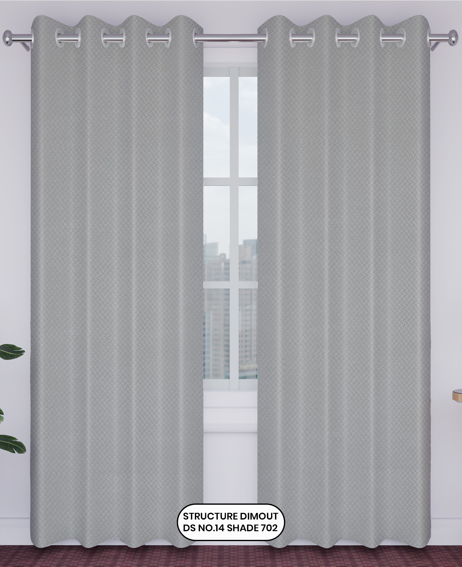 Gray curtains with a textured pattern in front of a window.