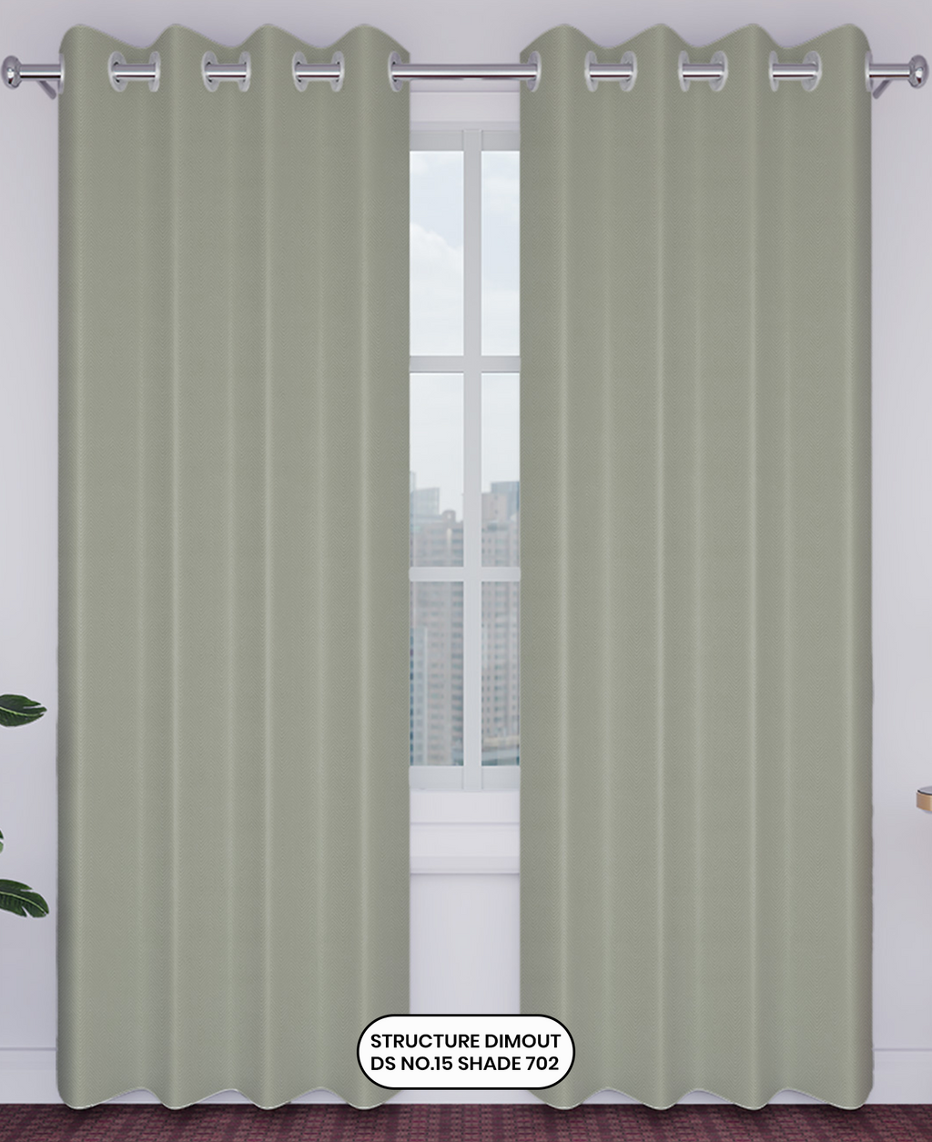 Pair of green curtains with a window in the background