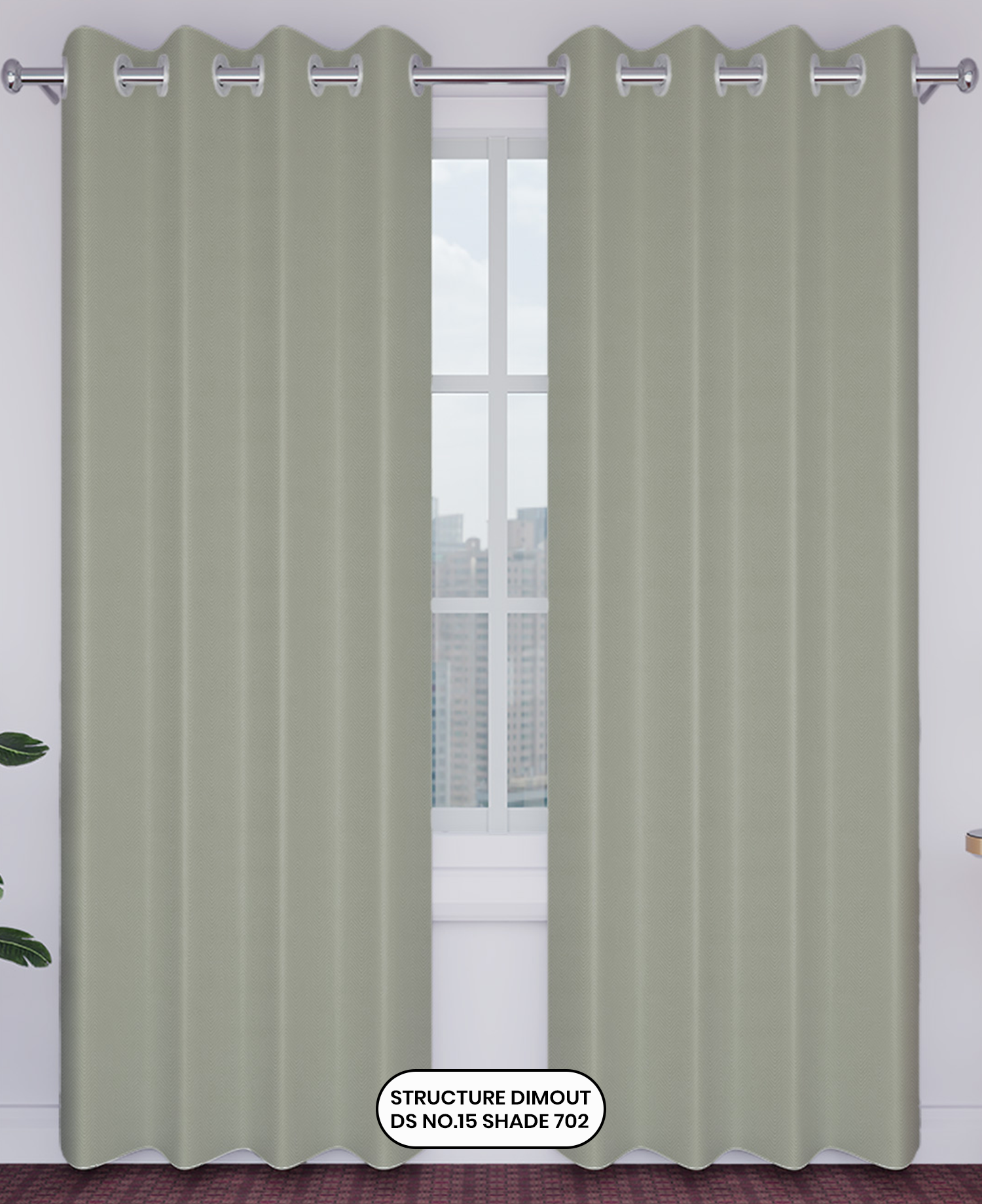 Pair of green curtains with a window in the background