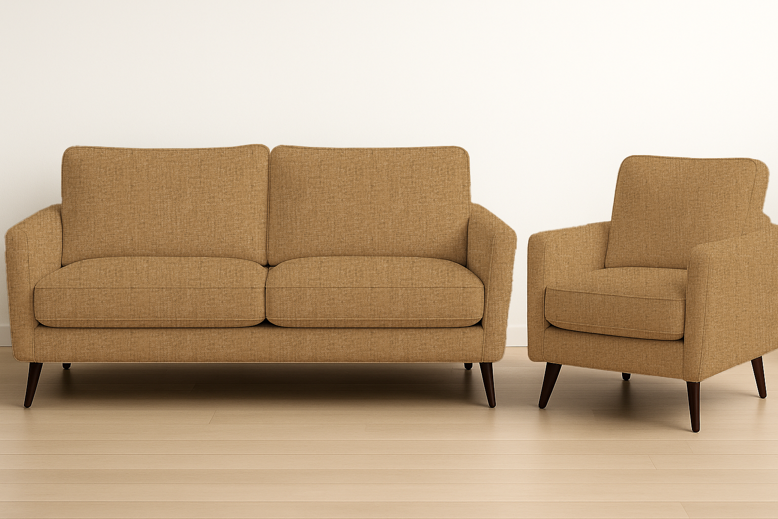 Brown sofa and armchair set on a light wooden floor with a white background