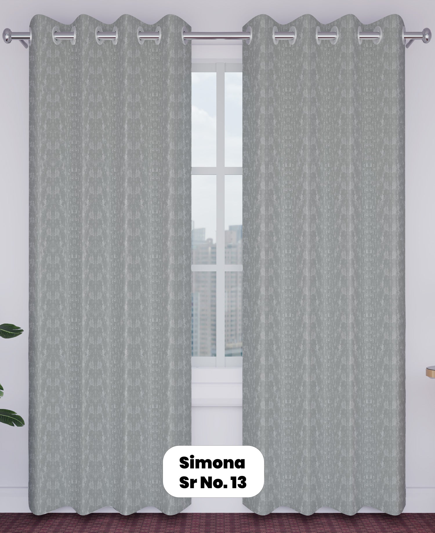 Gray curtains with a window in the background, labeled 'Simona Sr No. 13'.