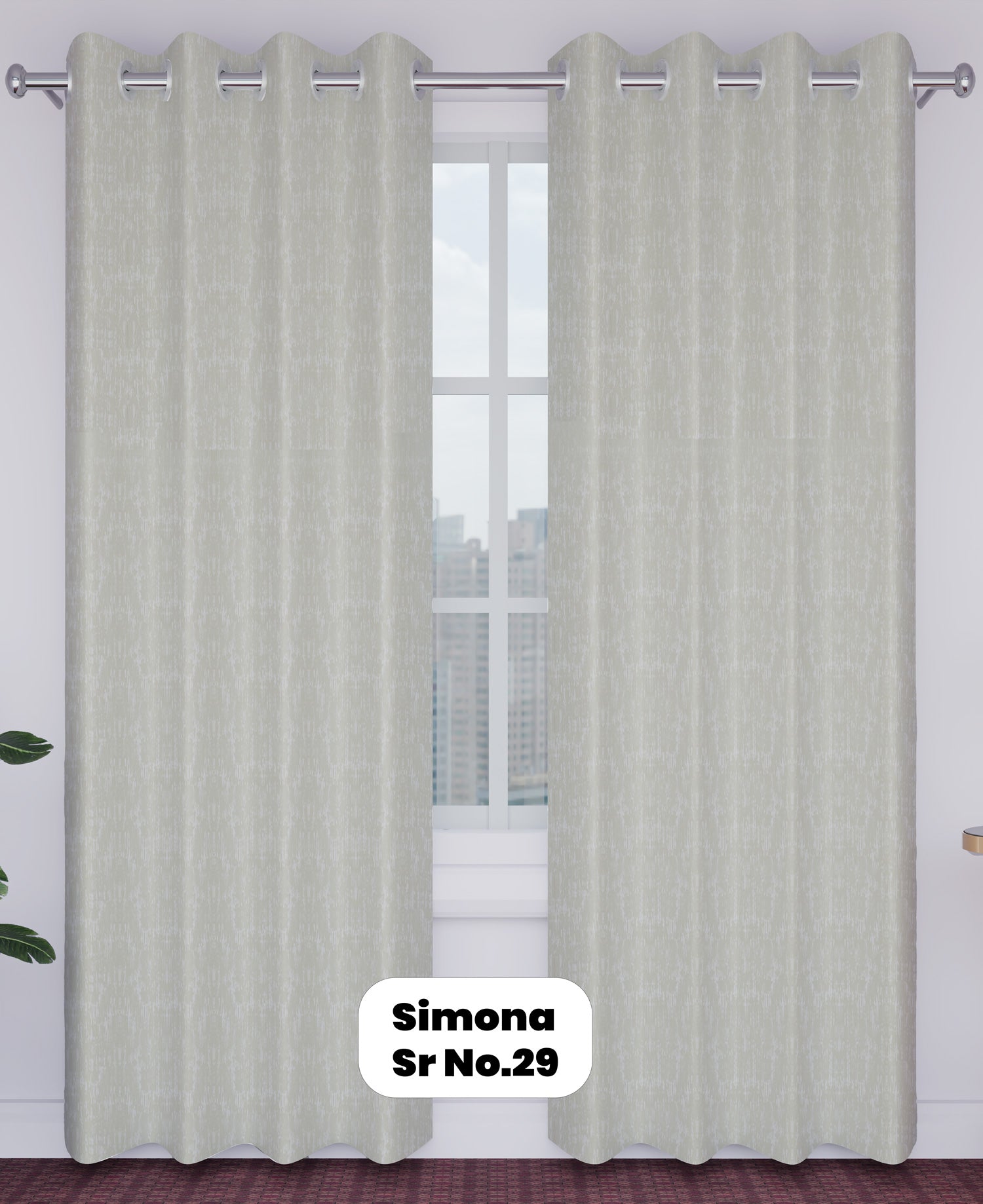 Silver curtains with grommets on a window, labeled 'Simona Sr No. 29'.