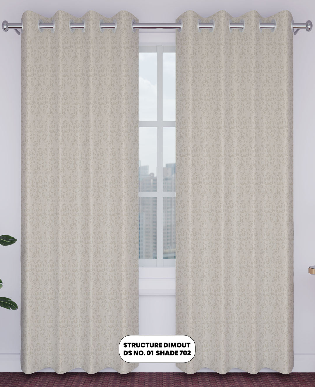 Beige curtains with a textured pattern on a window with a white wall background.